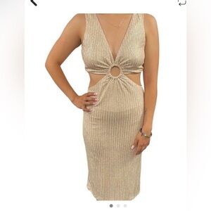 Xtraordinary Shimmering Gold Ring-Detail Backless Dress